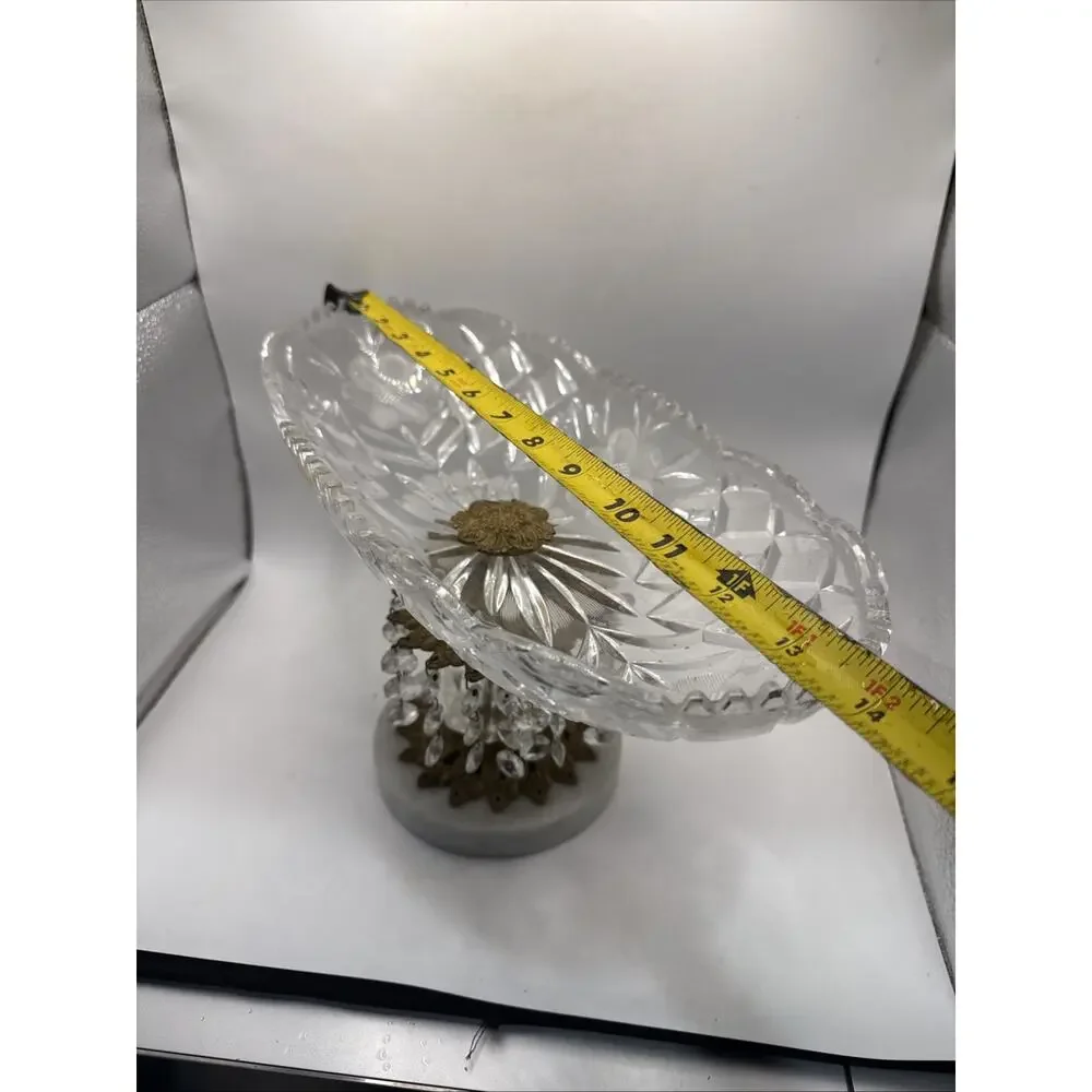 Vintage Hollywood Regency Crystal Brass Marble 7.5”Candy Dish With Crystals *